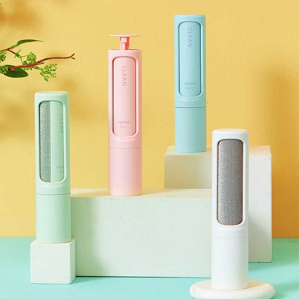 Reusable Pet Hair Remover Brush in pastel colors with self-cleaning lint roller design, ideal for cat and dog fur removal on the go.
