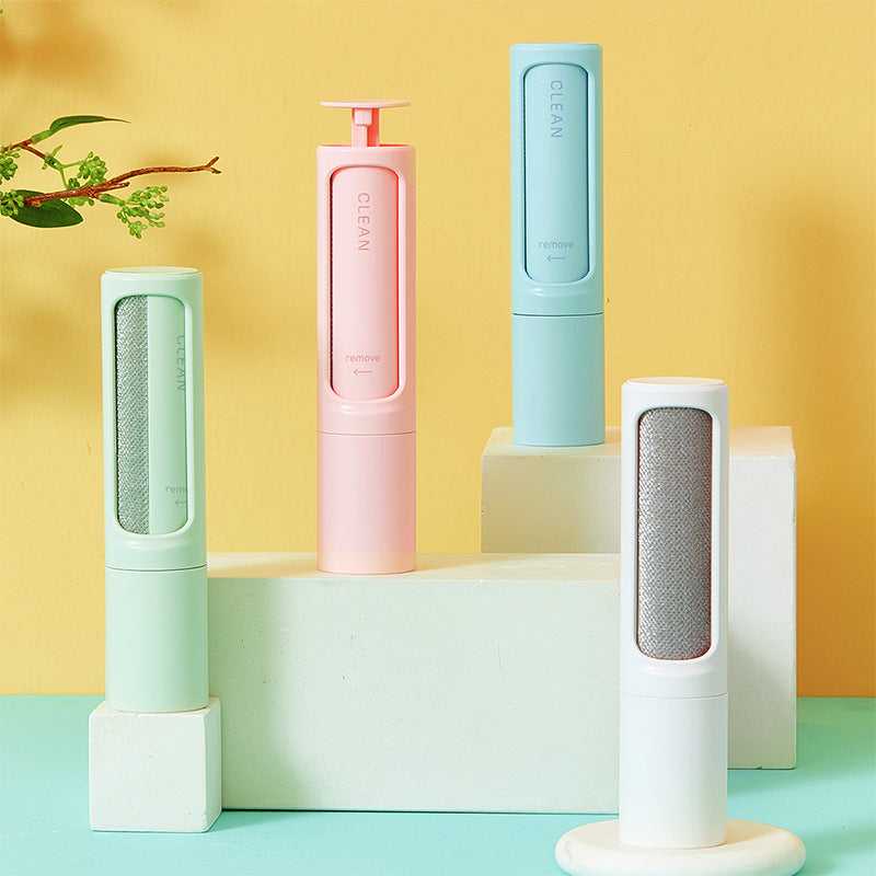 Reusable Pet Hair Remover Brush in pastel colors with self-cleaning lint roller design, ideal for cat and dog fur removal on the go.